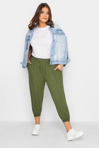 Plus Size Khaki Green Cropped Jersey Harem Joggers | Yours Clothing