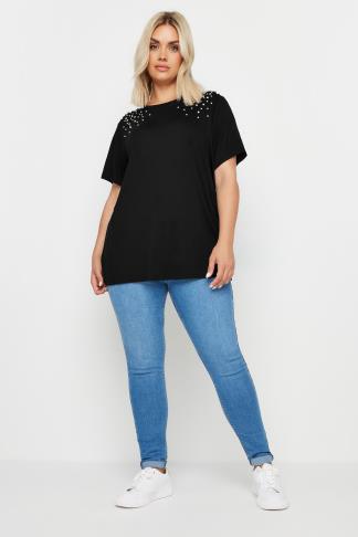 YOURS Plus Size Black Diamante Stud T-Shirt | Yours Clothing