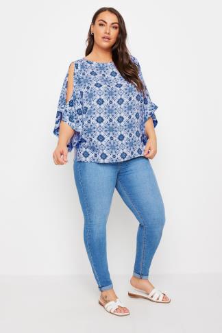 YOURS Plus Size Blue Abstract Print Cold Shoulder Blouse | Yours Clothing