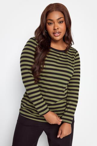 YOURS 2 PACK Plus Size Khaki Green & Beige Stripe Print Long Sleeve T ...