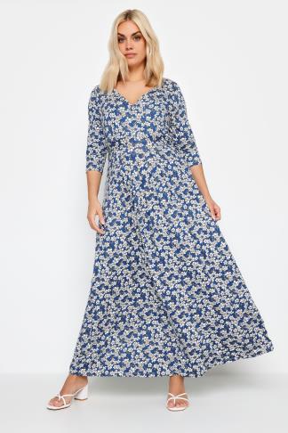 YOURS Plus Size Blue Ditsy Floral Print Tiered Maxi Dress | Yours Clothing