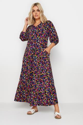 YOURS Plus Size Black Floral Print Swing Maxi Dress | Yours Clothing