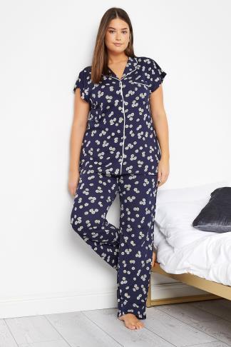 Tall Women's LTS Tall Navy Blue Daisy Print Cotton Pyjama Set