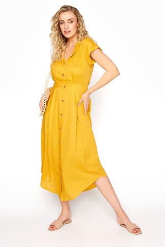 LTS Bright Yellow Linen Blend Button Front Tulip Midi Dress | Long Tall ...