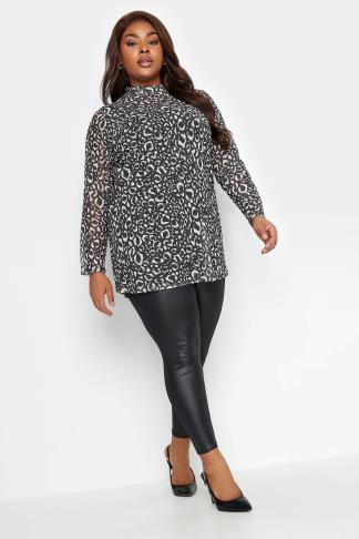 YOURS Curve Grey Leopard Print Mesh Top | Yours Clothing