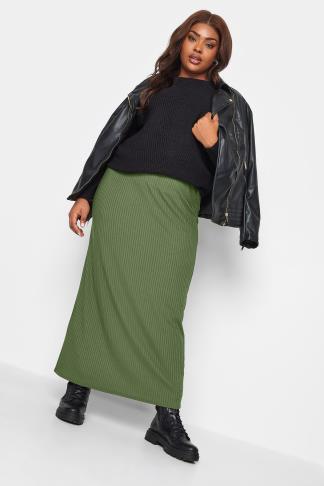 YOURS Plus Size Khaki Ribbed Maxi Skirt | Yours Clothing