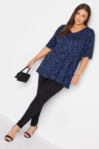 YOURS Plus Size Blue Floral Print V-Neck T-Shirt | Yours Clothing