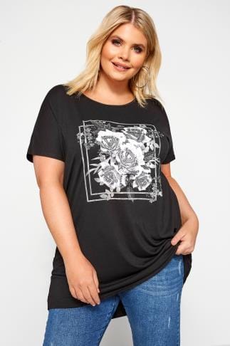 Black Floral Foil Print T-Shirt | Yours Clothing