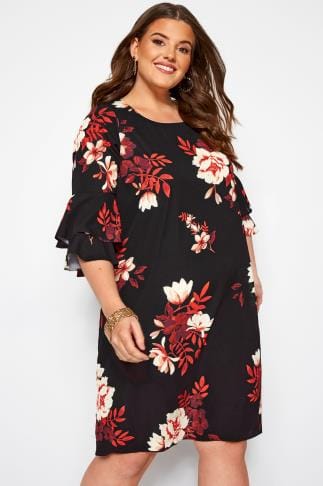 Black Floral Shift Tunic Dress | Yours Clothing