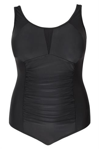 Plus Size Black Ruched Mesh Tummy Control Swimsuit | Yours Clothing