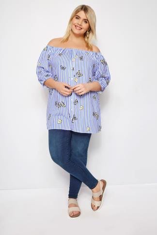 Plus Size Blue Striped Butterfly Bardot Top | Sizes 16 to 36 | Yours ...