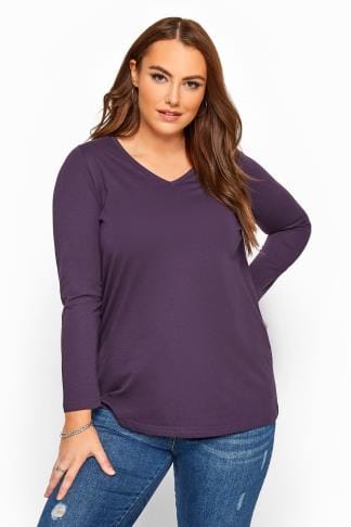Dark Purple V-Neck Long Sleeve Top | Yours Clothing