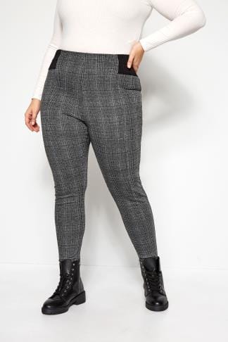 Grey Check Ponte Tapered Trousers | Yours Clothing