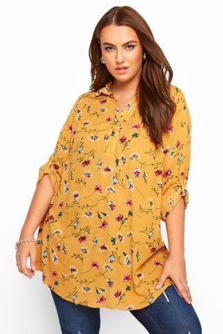 Mustard Yellow Floral Print Overhead Shirt | Yours Clothing