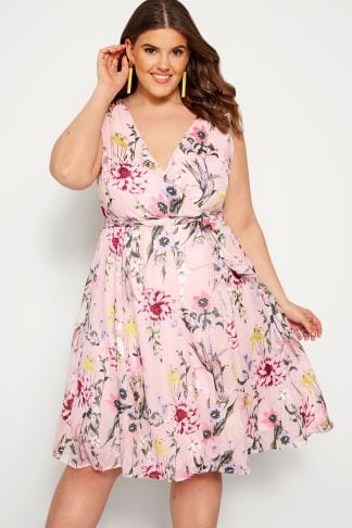 Navy Floral Wrap Over Jersey Midi Dress With Waist Tie, plus size 16 to 36