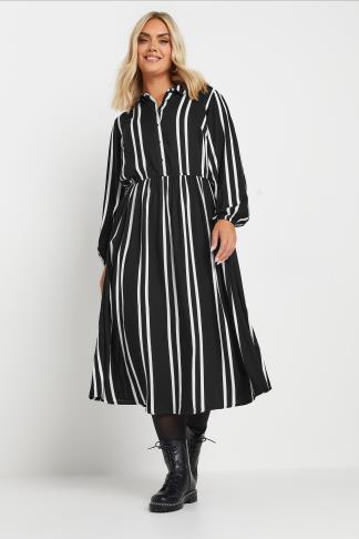 Women's Plus Size Black Striped Rayon Midi Dress