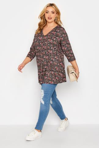 Plus Size Black Stripe Floral Print Swing Top | Yours Clothing