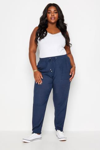 YOURS Curve Plus Size Navy Blue Linen Joggers | Yours Clothing