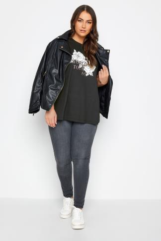 YOURS Plus Size Black 'World Tour' Rose Print T-Shirt | Yours Clothing