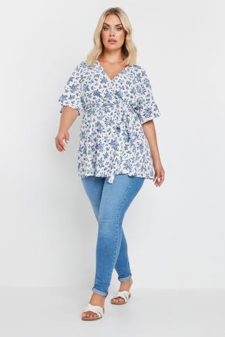 YOURS Curve White Floral Print Textured Wrap Top | Yours Clothing