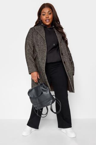 YOURS Plus Size Black Herringbone Midi Formal Coat | Yours Clothing