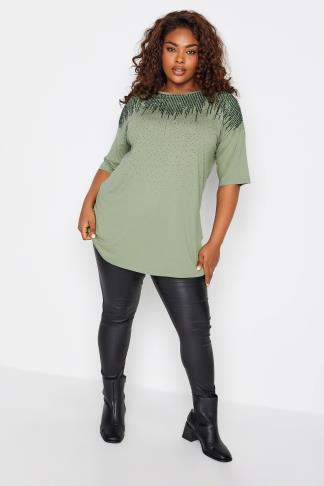 YOURS Plus Size Sage Green Sequin Embellished T-Shirt | Yours Clothing