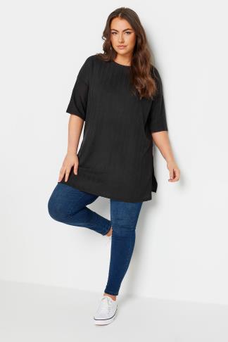 YOURS Plus Size Black Textured Ribbed Oversized Top | Yours Clothing