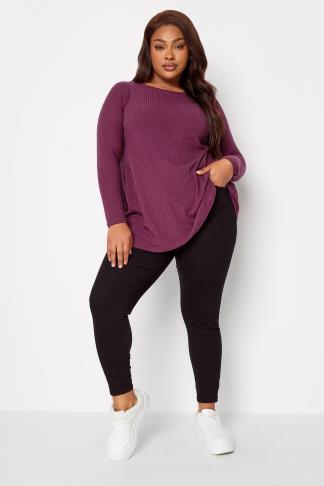YOURS Plus Size Purple Ribbed Long Sleeve Swing Top | Yours Clothing
