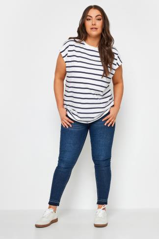 YOURS Plus Size White & Navy Blue Stripe Top | Yours Clothing