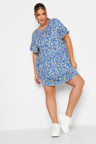 YOURS Curve Plus Size Blue Floral Smock Tunic Dress | Yours Clothing