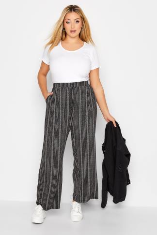 Plus Size Black Stripe Print Wide Leg Stretch Trousers | Yours Clothing