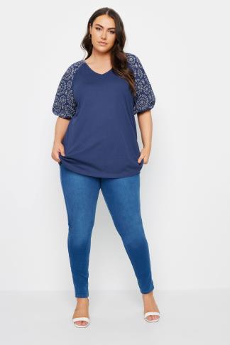 YOURS Plus Size Navy Blue Broderie Anglaise Sleeve T-Shirt | Yours Clothing