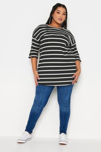 YOURS Plus Size Black Striped Button Sleeve Top | Yours Clothing