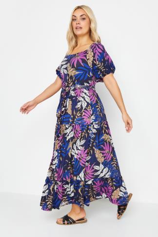 YOURS Plus Size Navy Blue Leaf Print Tiered Maxi Dress | Yours Clothing