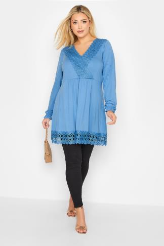 YOURS Plus Size Curve Blue Crochet Long Sleeve Tunic Top | Yours Clothing