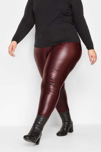 YOURS PETITE Plus Size Burgundy Red Stretch Leather Look Leggings