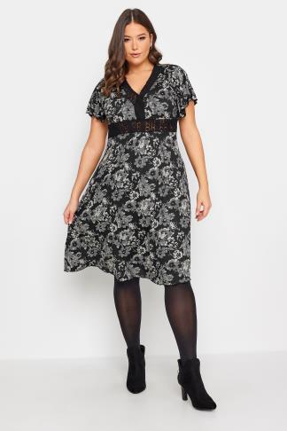 YOURS Plus Size Black & Cream Floral Print Lace Detail Dress | Yours ...