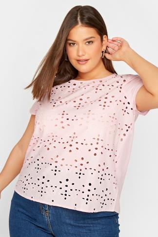 LTS Tall Women's Pink Broderie Front T-Shirt | Long Tall Sally
