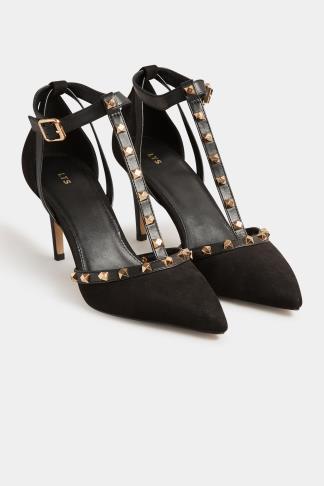 LTS Black Studded T-Bar Court Heel Shoes in Standard Fit | Long Tall Sally