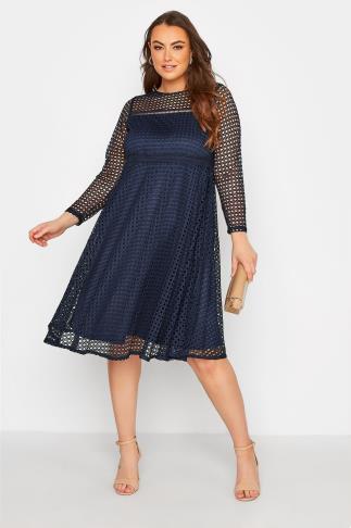 YOURS LONDON Plus Size Navy Blue Lace Midi Skater Dress | Yours Clothing