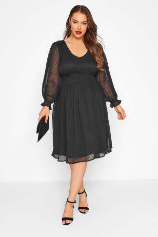 YOURS LONDON Plus Size Black Dobby Ruffle Shoulder Dress | Yours Clothing