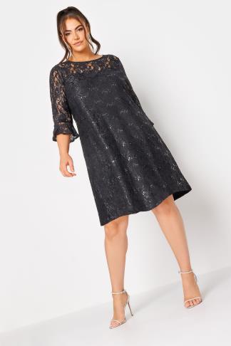 YOURS Plus Size Black Lace Sequin Embellished Swing Dress | Yours Clothing