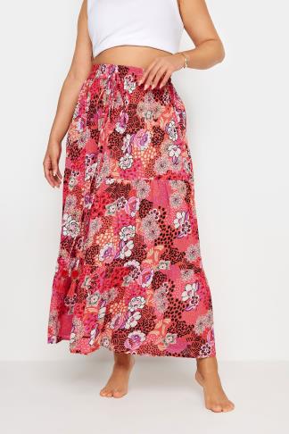 YOURS Plus Size Pink Floral Print Tiered Beach Skirt | Yours Clothing