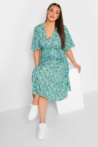 YOURS Plus Size Blue Floral Print Wrap Midi Dress | Yours Clothing