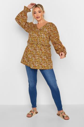 Curve Plus Size Orange Floral Peplum V-Neck Swing Top | Yours Clothing