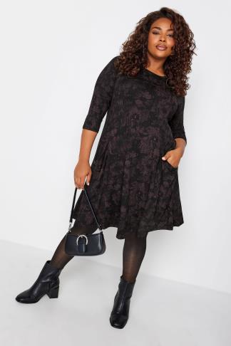 YOURS Plus Size Black Floral Print Pocket Midi Dress | Yours Clothing
