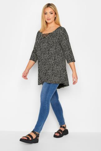 Plus Size Black Spot Lace Up Top | Yours Clothing