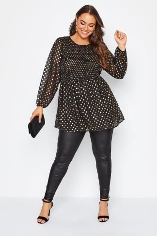 Plus Size Black & Gold Metallic Spot Print Shirred Peplum Top | Yours ...