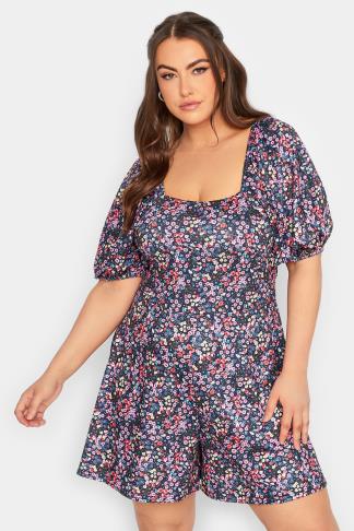 LIMITED COLLECTION Plus Size Navy Blue Floral Bow Back Playsuit | Yours ...