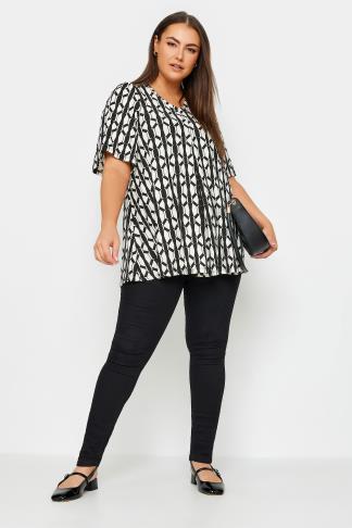 YOURS Plus Size Black Geometric Print Pleat Front Top | Yours Clothing